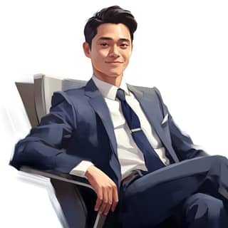 in his 20s wearing a dark blue suit looking diagonally upward while sitting in a desk chair distinctive smile black hair