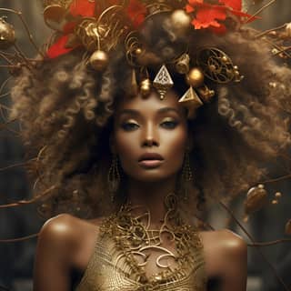 https://s mj run/FIiO5AjFqnU A fashion cover magazine dark skin model hair stuk of golden christmas tree accesories golden