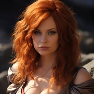Personaggio femminile tiefling barbaro con capelli rossi in posa su una roccia in schizzi sporchi, lentiggini e abbigliamento da barbaro in forma.