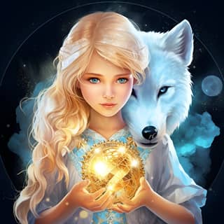 Fata bionda che tiene palla d'oro con lupo in mondo magico accanto a grande volpe bianca.