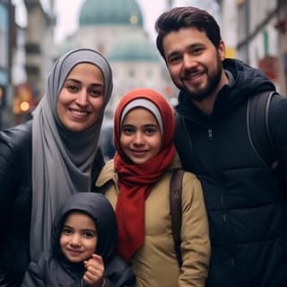 Una famiglia musulmana si mette in posa davanti a una moschea nelle strade di Monaco.