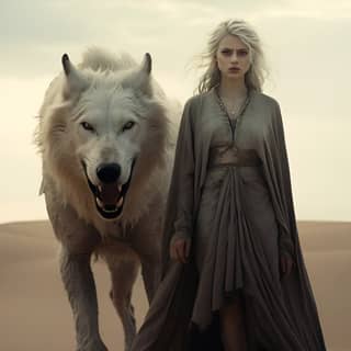 Eine blasse vampirische Frau in einem langen Kleid steht neben einem Wolf in einer Fantasiewüstenlandschaft.