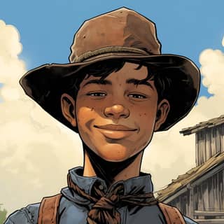 Seorang anak laki-laki berusia tiga belas tahun dari Midwest mengenakan kemeja biru dan kawat gigi dengan topi Barat, memberikan senyuman tipis. Karya seni oleh Rockstar Games untuk Red Dead Redemption 2 menampilkan shading cel yang berani dan seni gaya komik dengan nuansa biru.