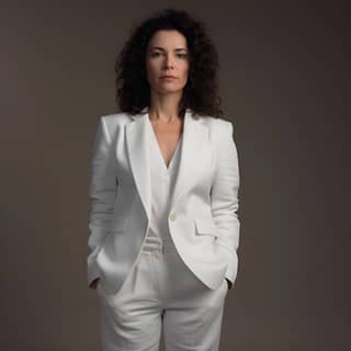 Femme de 45 ans aux cheveux bouclés foncés et au visage ovale portant un tailleur pantalon blanc dans un studio photo.