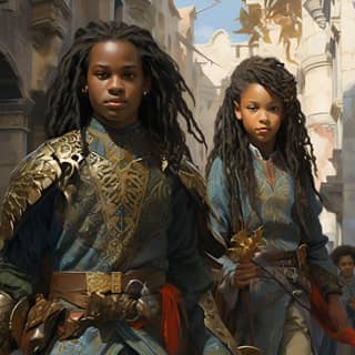 Black boy and his sister with her hair in dreadlocks dressed in dragon emblazoned armor walking down the streets of a