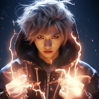 Felix from stray kids with lightning powers, with lightning in his hands