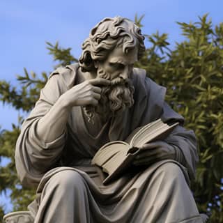 an ancient greek philosopher thinking outdoors, a statue of reading a book