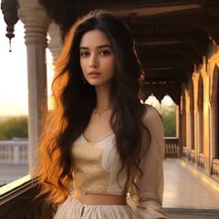 beautiful Indian woman in an Indian skirt with long waivy hair looking like ananya pandey in a palace at early dawn after a