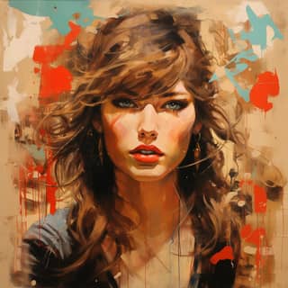 bruce wilson's painting taylor swift by Vivienne Tam clean face clean skin happy face portrait in the style of bernie fuchs