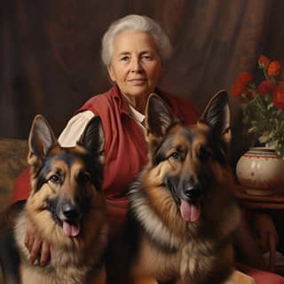 grandma with two german shepherds, an elderly woman sits with two german shepherds