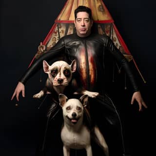 Eine Figur in Leder hält zwei Hunde auf einem primitiven Zirkus-Freakshow-Banner.