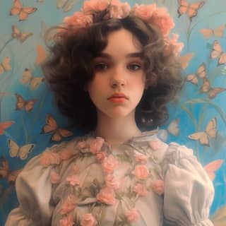 https://s mj run/aASwnUy9isg in a feminine style 1, a girl with curly hair and a flower crown is posing in front of
