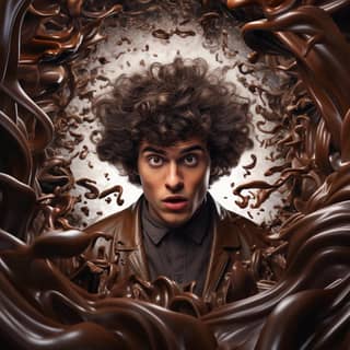 man curly dark hair surrounded by chocolate, with curly hair is surrounded by chocolate