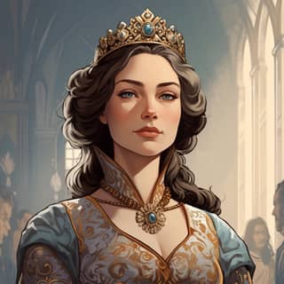 1860s create a 2d graphic novel of medieval queen character front face