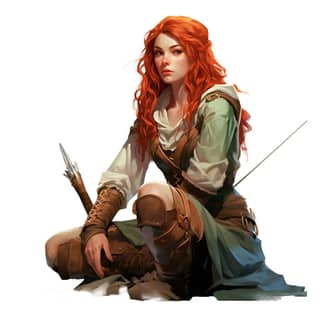 Fatnasy illustration Female elf red haired huntress, with red hair and a sword