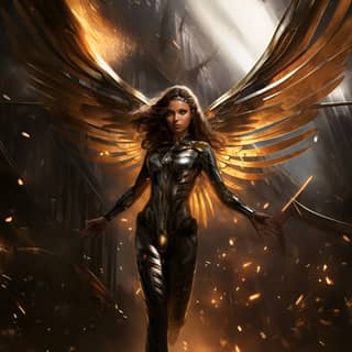 Superheroine glides with artificial wings, with golden wings and fire in her hands