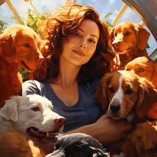 Woman 45 years old round face brunette cuddling with dogs and cats sunny day