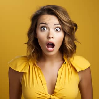 Mujer hermosa con expresión sorprendida en fondo amarillo.