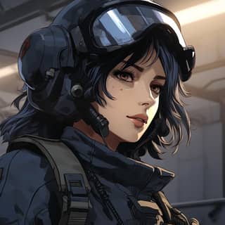 a dark blue haired anime buy in military gear, anime girl with black hair and blue eyes