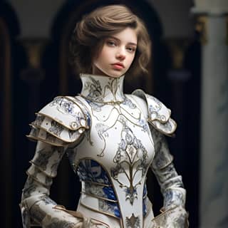 girl in elegant subtle ceramic white and blue armor, in a white and blue costume