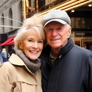 a husband and wife in their mid 60's standing outside of a Broadway show in New York City The theater has two doors One door