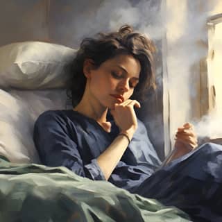 'laying on bed smoking natural light coming through window muted colors moody