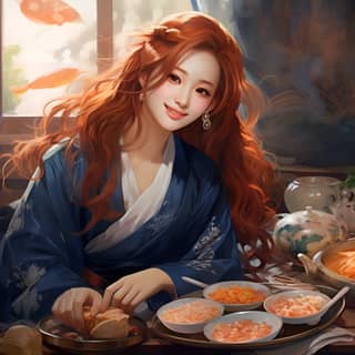 manga Tang Dynasty high detail 20 year old girl with long red hair smiling wearing blue Hanfu eating with food on the table