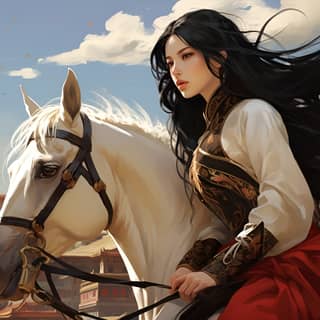 manga Tang Dynasty high detail 20-year-old girl with long black hair sad wearing a red Hanfu riding a white horse standing