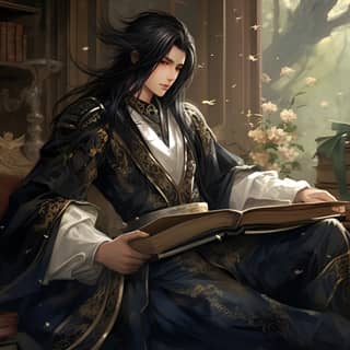 manga Tang Dynasty high detail A handsome 20-year-old boy with long black hair smiling wearing black armor sitting on a