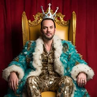 a smiling 40 years old man wearing a crown and a long fur coat like a king a big smile in his face dark hair with receding