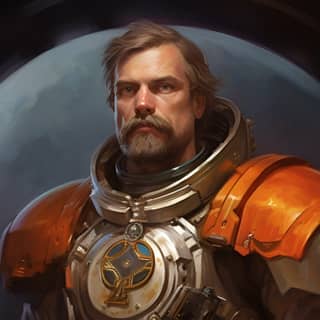 Space opera de science-fiction mettant en vedette un officier allemand du 19ème siècle dans une combinaison spatiale et un casque à bulle avec une demi-cape et une médaille, peint par Anthony van Dyck.