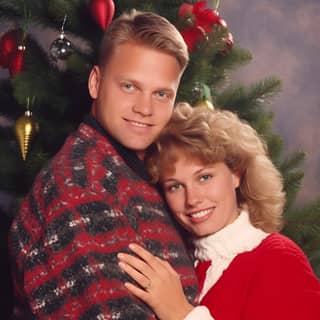 Uomo biondo robusto e alto e bella donna bruna e bassa in piedi accanto a un classico albero di Natale degli anni '90.