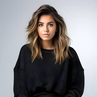 young slim woman model posing sitting for photoshoot wearing short black loose sweater and short blzck low shorts on long