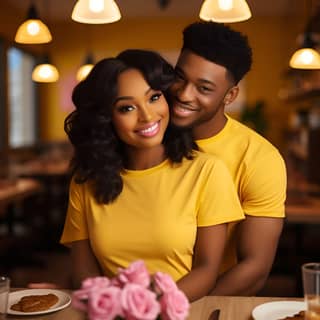 Black gorgeous couple wearing a plain yellow crewneck t-shirt the theme is valentines day and cuddling at dinner with a