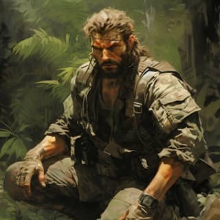 Metal Gear Solid 5 und Metal Gear Solid 3 Snake Eater zeigen eine coole Action-Haltung in einer Dschungelumgebung.