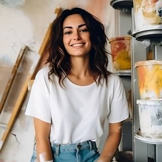 Eine Frau in einem weißen T-Shirt und Jeans sitzt auf einem Stuhl und lächelt glücklich in der Nähe einer frisch renovierten Wand in ihrem Zuhause.