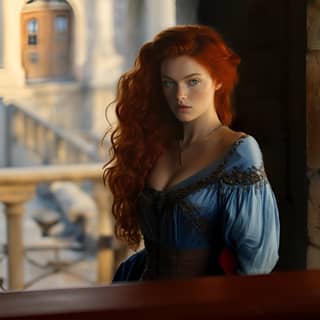 actressisolda dychauk as a member of house tully in game of thrones inside of a castle bright auburn hair striking blue eyes