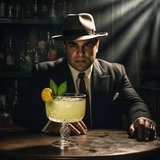 Al Capone en costume et chapeau est assis au bar avec un cocktail.