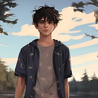 Adolescente punk de anime com cabelos pretos em pé em um cais de lago no estilo de Kris Knight, exalando um charme romântico e cercado por cenas de floresta.