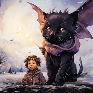 black cat little purple dragon learning to fly mama's love lift's him scene should depict a fun snowy landscape with