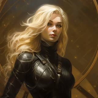 a blond woman dressed in black in front of an outer spacecraft in the style of heather theurer daz3d light gold xiaofei yue