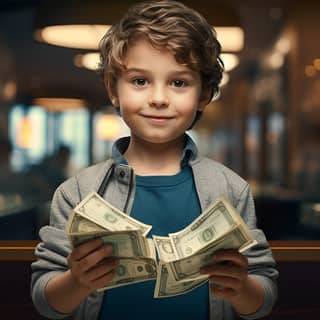 a boy near the counters with buns in his hands holds money commercial photography rtx on luxurious photo ultra realistic