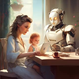 chat-bot woman doctor children, child sitting at a table with a robot