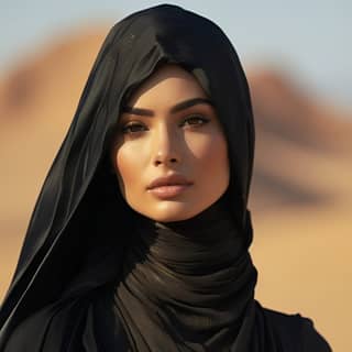 cinematic fashion glamour photography 35 years old hijabi midle east woman in the dessert round face etnic dark elegance