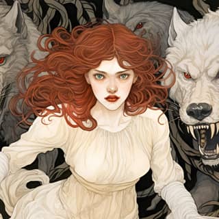 draw a full body white woman slightly smiling and facing the camera and running towards the camera with black wolves black