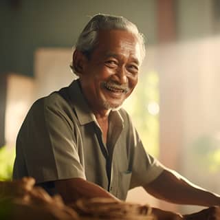 https://s mj run/GwnGjFkJXuk a good looking older Malay man sitting in his kitchen weaving leaves into ketupat bright sunny