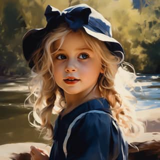 A little girl with blond hair and blue eyes wearing a peaked cap is by the river the breeze is blowing