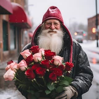 Santa modern hari ini dengan jenggot dan topi merah memegang buket mawar merah terang besar di tengah suasana salju di kota kecil di Amerika.