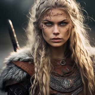 viking woman in makeup and weapon, blonde woman with long hair and a viking costume