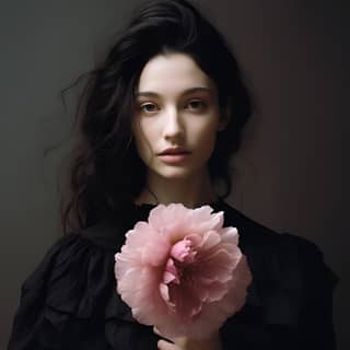 wearing black clothing holds a pink flower while smiling in the style of melancholic self-portraits minimalist beauty